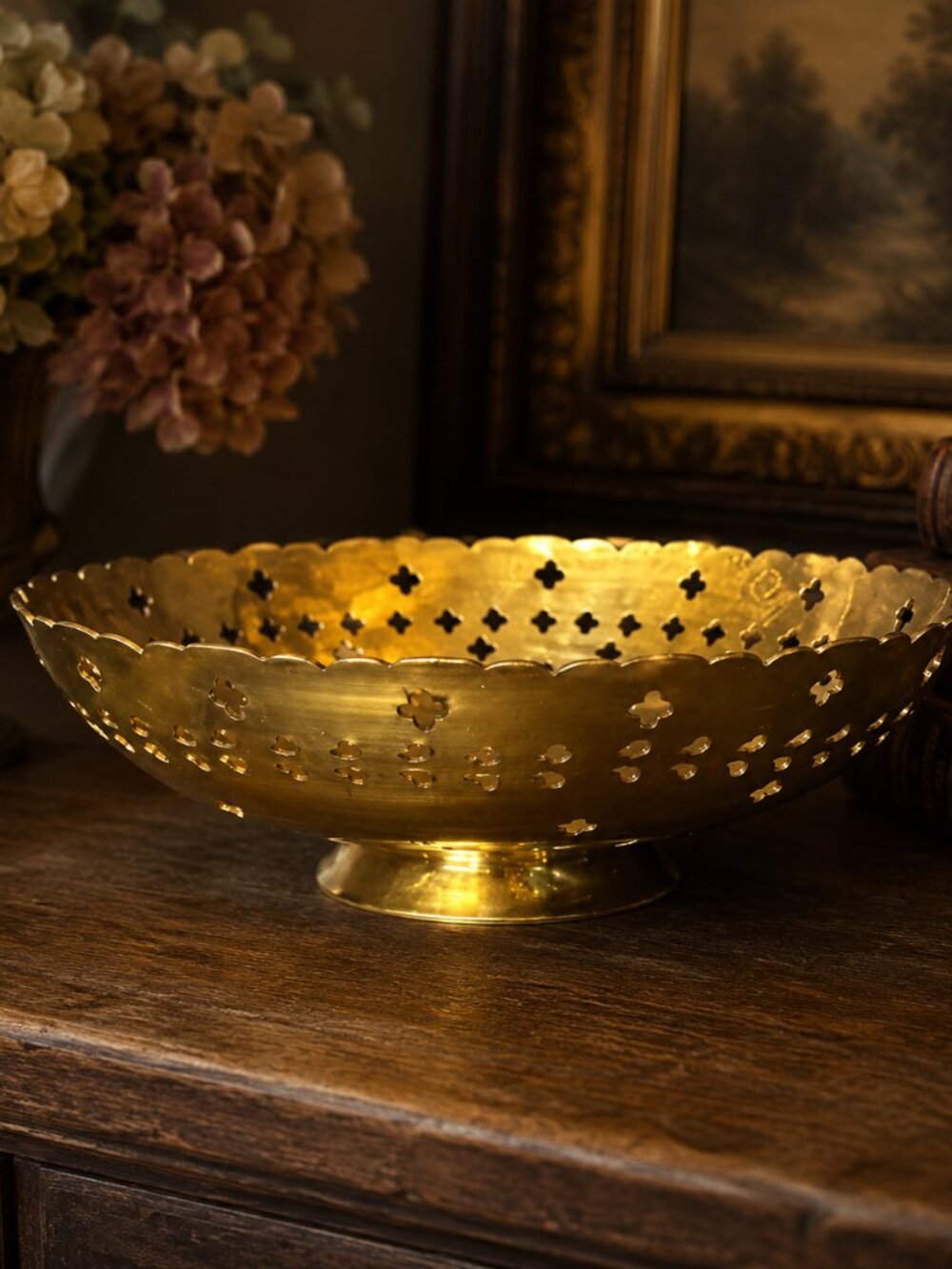 Vintage Brass Pedestal Bowl With Ornate Etched Engraved Peacock Design